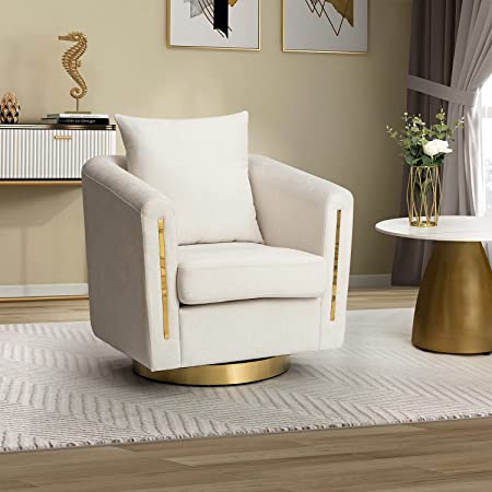 HULALA HOME Swivel Accent Chair with Metal Base, 360 Degree Swivel Barrel Chair with Pillow & Removable Cushion, Comfy Club Arm Chair Sofa Chair for Living Room Bedroom Lounge, White