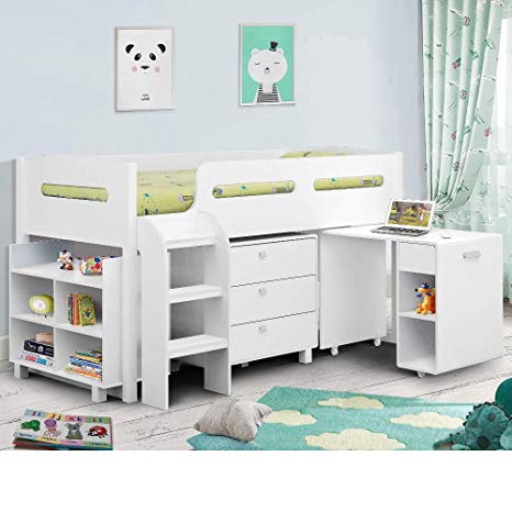 Happy Beds Kimbo White Sleep Station Children Kids Cabin Bunk Bed with Orthopaedic Mattress 3' Single 90 x 190 cm