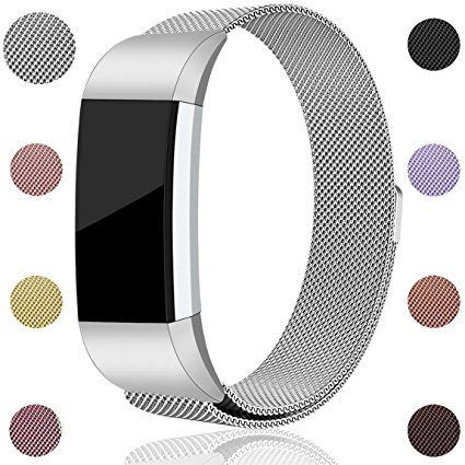 For Fitbit Charge 2 Bands, Maledan Stainless Steel Milanese Loop Metal Replacement Accessories Bracelet Strap with Unique Magnet Lock for Fitbit Charge 2 HR Large Small, Silver, Black, Gold, Rose Gold