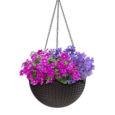 Sorbus Hanging Planter Round Self-Watering Basket, Resin Woven Wicker Style, Great for Home, Garden, Patio - Espresso Brown (Medium)