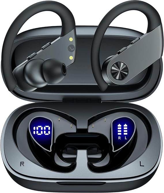 Earbuds 110H Playtime Bluetooth Headphones Wireless Earbuds with 2200mAh Charging Case Dual LED Display Ear Buds with Earhooks Over Ear Headphones Waterproof for Workout Sport Laptop TV Phone Black