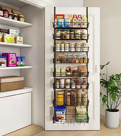 Mefirt Over The Door Pantry Organizer, Wall Mount Spice Rack, Pantry Hanging Storage and Organization, 8 Adjustable Baskets Heavy-Duty Metal for Home & Kitchen, Back of Door Seasoning Rack - Black