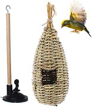 kathson Birdhouse for Outdoor Hanging Hummingbird House Wood Perch Stand with Suction Cup Hand Woven Grass Bird Hut Cozy Resting Place for Finch Parrots Canary Outside.