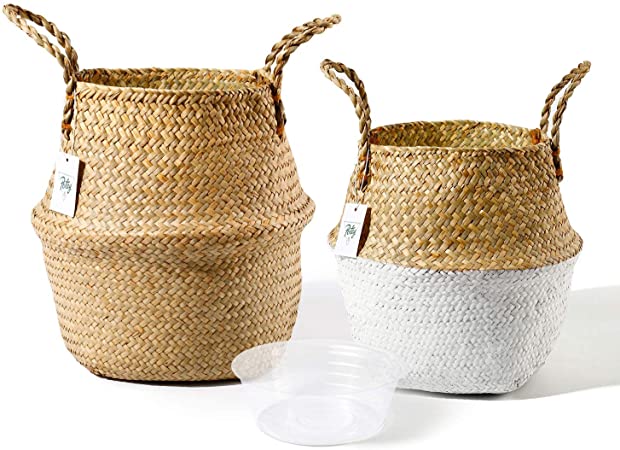 POTEY 720201 Seagrass Plant Basket Set of 2 - Hand Woven Belly Basket with Handles, Middle Storage Laundry, Picnic, Plant Pot Cover, Home Decor and Woven Straw Beach Bag (Middle Large, Original White)