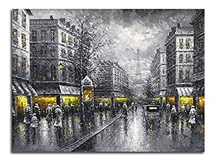 Wieco Art - Paris Street View Extra Large Modern Giclee Contemporary Cityscape Artwork Decorative Landscape Oil Paintings reproduction on Canvas Wall Art for Home Decorations Wall Decor 48x36inch