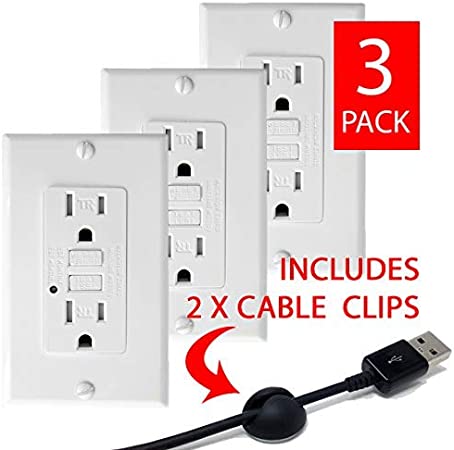 TEKLECTRIC - GFCI Receptacle 15A 125V Tamper Resistant   Wall Plate - GFCI Outlet 15 AMP 125 VOLT Grounded - Wall Plate and Screws Included WHITE (3 Pack)