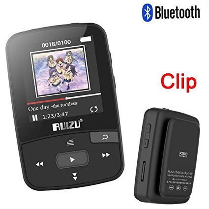 RUIZU X50 2018 New 8GB Clip Bluetooth MP3 Player With 1.5 Inch Screen Can Play 50 hours,FM Radio,Clock, Data Voice Recorder Music Player (black)