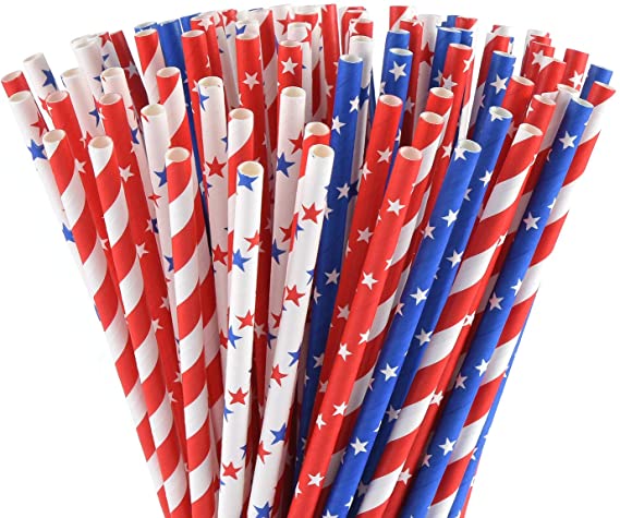 ALINK American Flag Red Blue White Paper Straws, 100 Stripe/Star Biodegradable Straws for Memorial Day /4th of July, Super Bowl, Patriotic Party, Americana Themed Party Celebration and Holiday