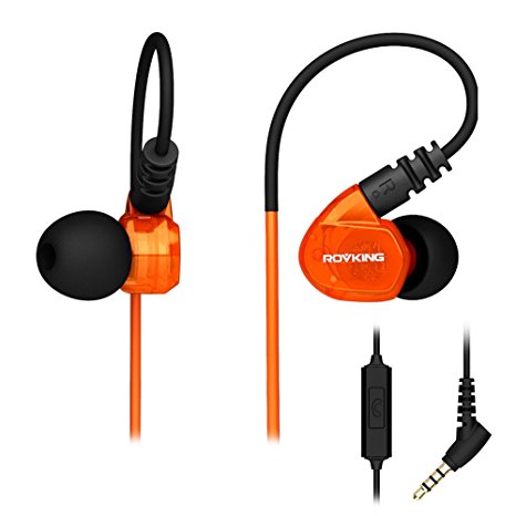ROVKING Over Ear In Ear Noise Isolating Sweatproof Sport Headphones Earbuds Earphones with Remote and Mic Earhook Wired Stereo Workout Earpods for Running Jogging Gym for iPhone iPod Samsung (Orange)