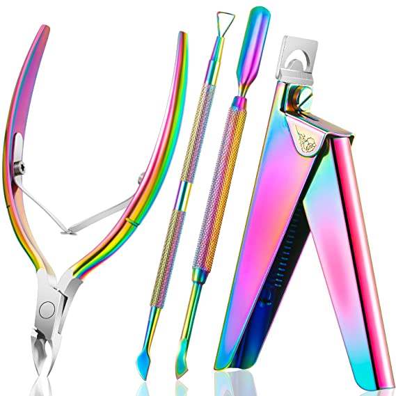 4 in 1 Acrylic Nail Clipper False Nail Tips Clipper Cuticle Trimmer Nipper with Cuticle Pusher Cuticle Remover, Stainless Steel Nail Manicure Set for Salon Home Nail Art Manicure Tool (Rainbow Color)