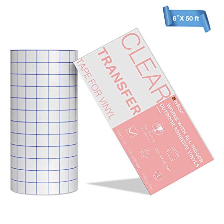 Clear Vinyl Transfer Paper Tape Roll 6" x 50 Feet Clear W/Blue Alignment Grid - Application Transfer Tape Perfect for Cricut Cameo Self Adhesive Vinyl for Signs Stickers Decals Walls Doors & Windows