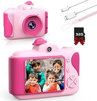 GOKKCL Kid Camera, Digital Camera 1080p for Kids, Toddler Camera Compact for Child Little Hands, Christmas Birthday Gifts for Girls Age 3-12 with 32GB Card (Pink)