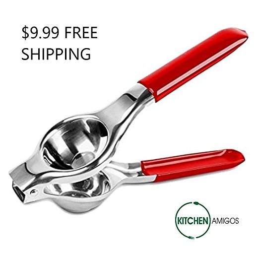 Kitchen Amigos Quality Stainless Steel 304 Manual Lemon Squeezer Juicer Press with Red Silicone Handles