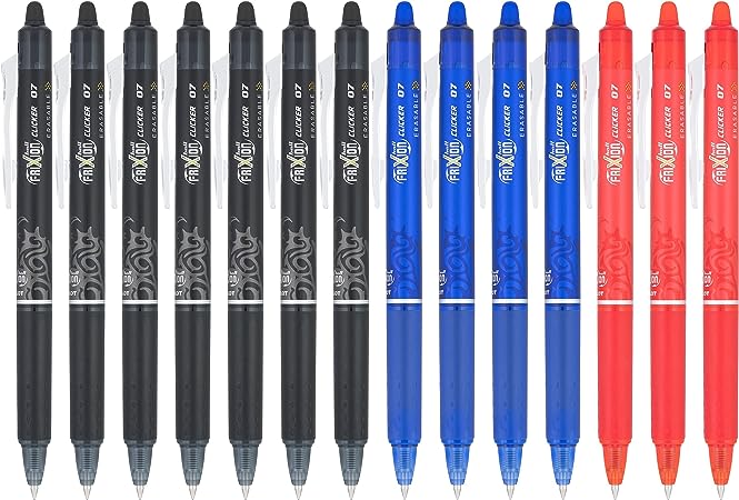 Pilot, FriXion Clicker Erasable Gel Pens, Fine Point 0.7 mm, Pack of 14, Black, Red & Blue