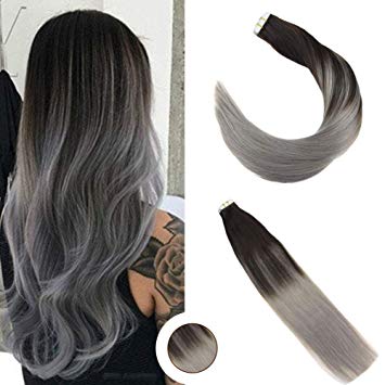 Ugeat 22 inch 50 Gram Per Package Two Tone Ombre Color 1B Fading to Silver Balayage Tape Hair Extensions Brazilian Real Human Hair Extensions Glue in Hair