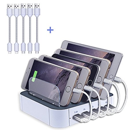Charging Station, Topoint Multi Device USB Charging Docking Station with 2 Lightning Charging Cords and 3 Micro USB Charging Cords for iPhones/Smart Phones/Tablets