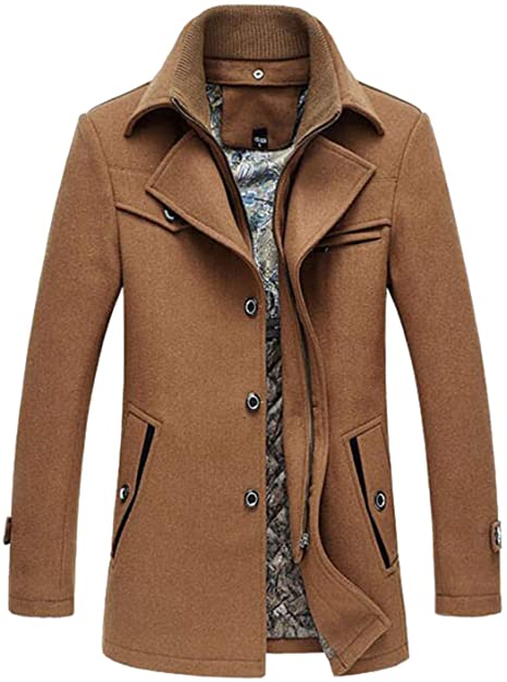 PRIJOUHE Men's Wool Coat Winter Coat Slim Medium Long Coats Overcoat Male