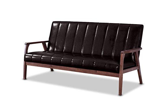 Baxton Furniture Studios Mid-Century Modern Scandinavian Style Faux 3 Seater Leather Wooden Sofa, Dark Brown