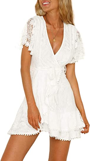 Asvivid Womens Sexy V Neck Floral Lace Wrap Dresses Short Sleeve Asymmetrical Ruffle Mini Dresses