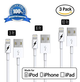 [Apple MFi Certified] [3 FT 6 FT 10 FT] Lightning to USB Charger and Sync Cable for iPhone 6 6Plus 5s 5c 5, iPad Air mini, iPad 4th gen, iPod touch 5th gen, iPod nano 7th gen (White - 1/2/3 Meters) Extremely Durable with Lifetime Guarantee!