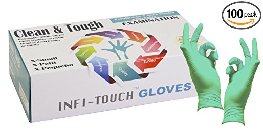 "RESIDUE FREE" Green Nitrile Gloves, Infi-Touch Clean & Tough 5 Mill Thickness, Disposable Gloves, Powder Free, Non Sterile, Examination, Finger Tip Textured, Dispenser Pack of 100, Size. X-Small.