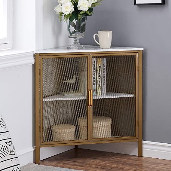 VECELO 3 Tiers Corner Shelf,Metal Frame Shelves Storage Organizer with Ventilation Protection Door,Gold