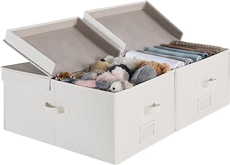 StorageWorks Fabric Storage Bin, 55L Large Storage Boxes with Double-Open Lid and Divider Board, Decorative Closet Storage Organizers with Handles, Mixing of Beige, White & Ivory, 2-Pack