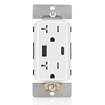 Leviton T5834-W 60W (20V@2.5A  5V@2A) USB Dual Type A/Type-C Power Delivery in-Wall Charger with 20A Tamper-Resistant Outlet, USB Charger for Smartphones, Tablets, Laptops, White