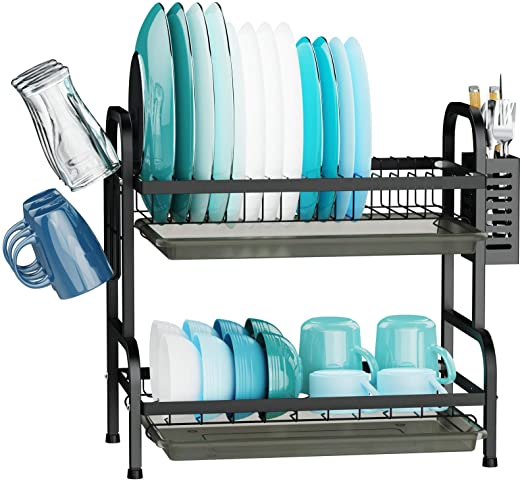 Dish Drying Rack, iSPECLE 2 Tier Dish Rack with Cup Holder, Dish Drainer with Drainboard and Utensil Holder Large Capacity for Kitchen Countertop Saving Space