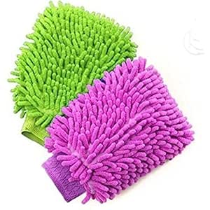 Double Sided Microfiber Wash Mitt Hand Gloves, Dust Cleaner Vehicle Washing Multipurpose House Car Glass LCD Cleaning, (Pack of 2)