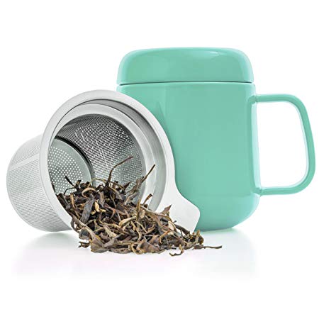 Tealyra - Sumo Ceramic Turquoise Tea Cup Infuser - 400ml - Small Mug with Lid and Stainless Steel Filter for Loose Leaf Tea - Tea-for-One