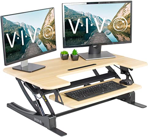 VIVO Light Wood Height Adjustable 36 inch Stand Up Desk Converter | Quick Sit to Stand Tabletop Dual Monitor Riser Workstation (DESK-V000VO)