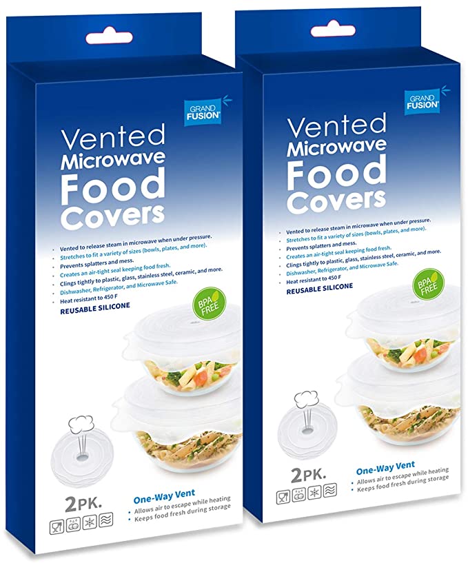 Reusable Vented Microwave Food Covers and Storage Wraps. BPA Free Cling Films Seal Around Ceramic and Plastic Dishes for Mess Free Heating and Reheating. 1 Way Vent Releases Steam, Keeps Food Fresh