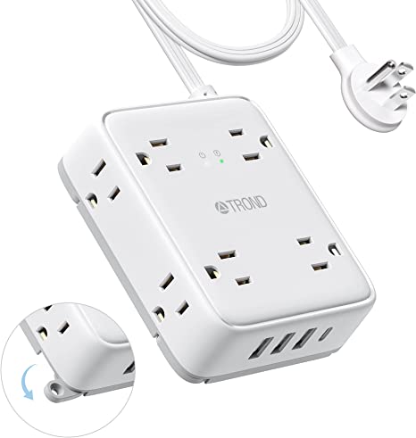 TROND Ultra Flat Plug Power Bar USB C, Thin Extension Cord Indoor 5 Feet, Surge Protector Power Strip, 8 Outlet Extenders 4 USB Ports, Wall Mount, Home Office Supplies, Dorm Room Travel Essentials