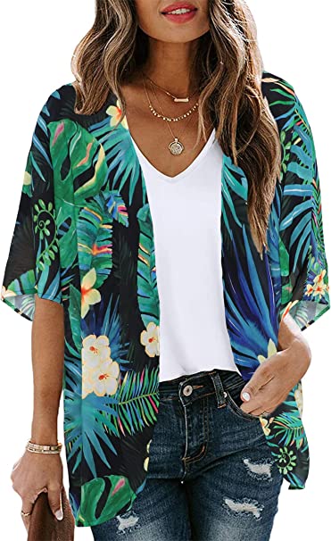 Women's Floral Print Puff Sleeve Kimono Cardigan Loose Cover Up Casual Blouse Tops