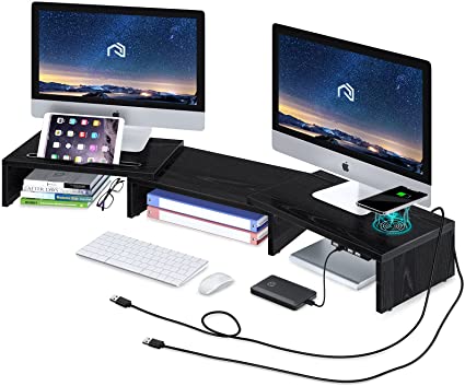 Rolanstar Monitor Stand Riser with Wireless Charging and 4 USB Ports Support Data Transfer and Charging, Dual Monitor Computer Stand, Adjustable Desk Organizer Stand for Laptop/Computer, Black