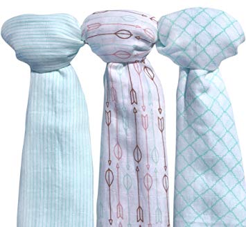 Muslin Baby Swaddle Blankets, Large (3 Pack) Mint Blue and White Collection with Arrows and Stripes