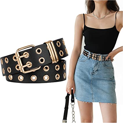 FIORETTO Grommet Leather Belt with Detachable Chain Women Men Punk Rock Waist Belts for Jeans Pants