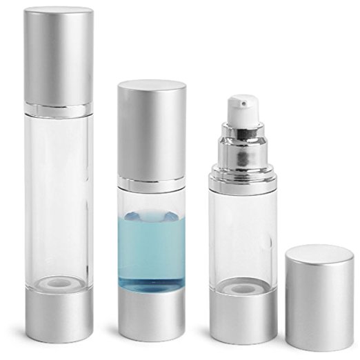 MagnaKoys® Clear AS Airless Pump Bottles w/ Silver Pumps & Caps Her's & His 1 oz / 1.5oz lotions and gels Dispenser (2 Pack) (1 oz & 1.5 oz Airless Pump)