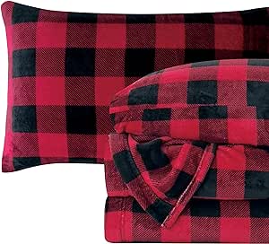 Elegant Comfort Luxuriously Soft 4-Piece Velvet Plush Flannel Sheet Set - Premium Quality - Cozy Warm, Anti-Static, Non Pilling Fuzzy Velvet Flannel Fleece Deep Pocket Sheet Set - Full, Buffalo Red