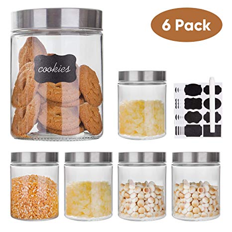 Glass Storage Jars with Stainless Steel Lids For The Kitchen,Set of 6,27 oz