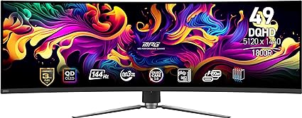 MSI MPG 491CQP QD-OLED, 49 Curved OLED Gaming Monitor, 5120 x 1440 (DQHD), OLED 0.03ms Response time, 144Hz, True Black HDR 400, HDMI, DP Port, USB Type C, Tilt, Height