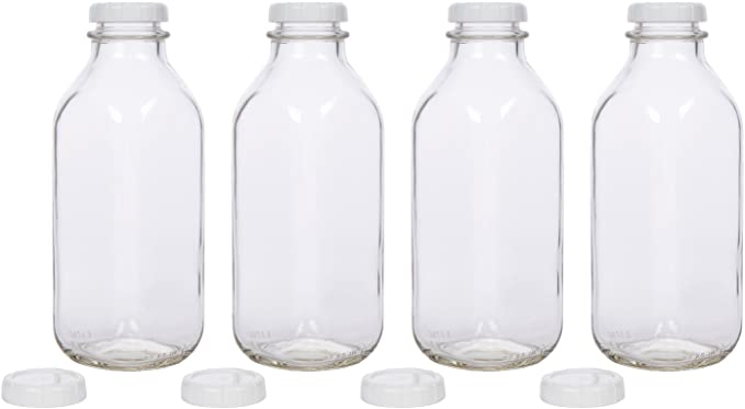 Glass Milk Bottles - USA Made 33.8 oz Jugs with Extra Lids - Set of 4