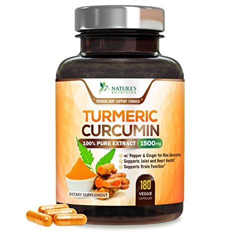 Turmeric Curcumin - 100% Pure Extract (1500mg) with Black Pepper and Ginger for Best Absorption, Highest Potency Available. 95% Standardized Curcuminoids. Joint Supplement Pills (180 Veggie Capsules)