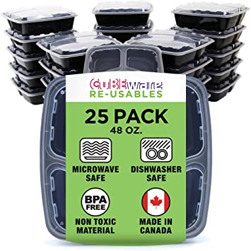 Cubeware 25-Pack Snap-Seal, Microwavable, Dishwasher and Freezer Safe, Reusable Food Storage Bento Box, Meal Prep Containers (3-Compartment (48 oz), 25-Pack)