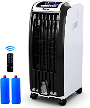 COSTWAY Evaporative Cooler, Portable Air Cooler with Fan & Humidifier Bladeless Quiet Electric Fan w/Remote Control for Indoor Home Office Dorms (27.5-Inch)