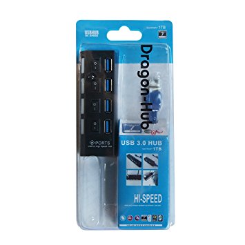Dragon 4-port USB 3.0 Hub with Individual Power Adapter /Switch and LED Lighting