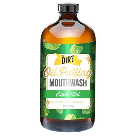 The Dirt Oil Pulling Antibacterial Mouthwash | Gluten Free, All Natural, Dental Tonic with Essential Oils for Bad Breath, Alcohol Free, Non GMO | Super Mint 8oz