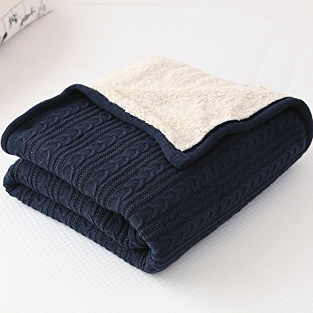 CottonTex Cotton Knitted Blanket Lined with Sherpa Lining Super Soft Warm Cover for Bed Sofa Counch, 47*70 Inches, Navy