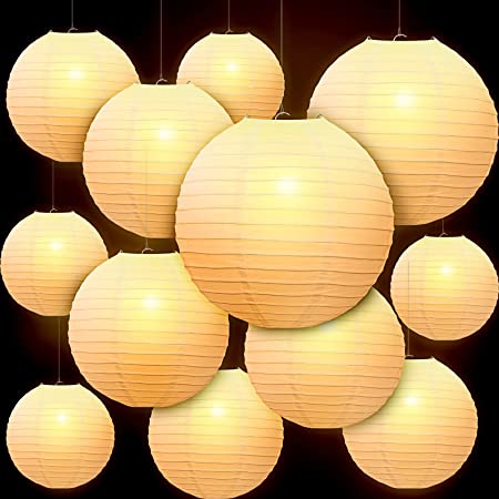 24 Packs White Paper Lanterns Set, 4 6 8 10 12 inches Wedding Lanterns Round Paper Lamps and LED Lantern Lights for Wedding Birthday Party Decoration